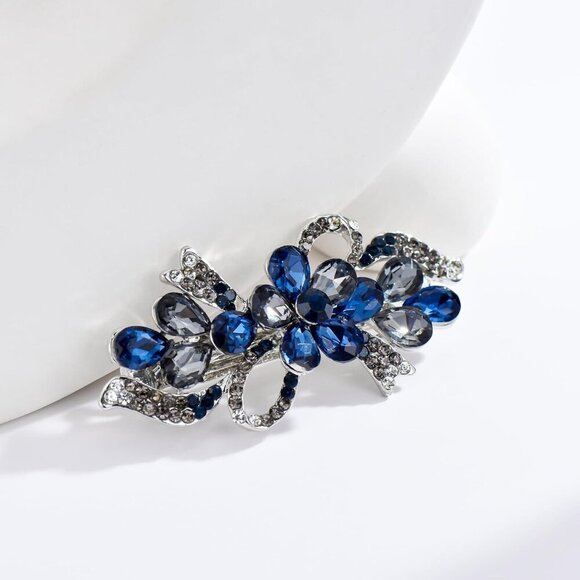 Navy Blue Flower Hair Clips Rhinestone Hairpins Elegant Gift for Women - Picture 5 of 8